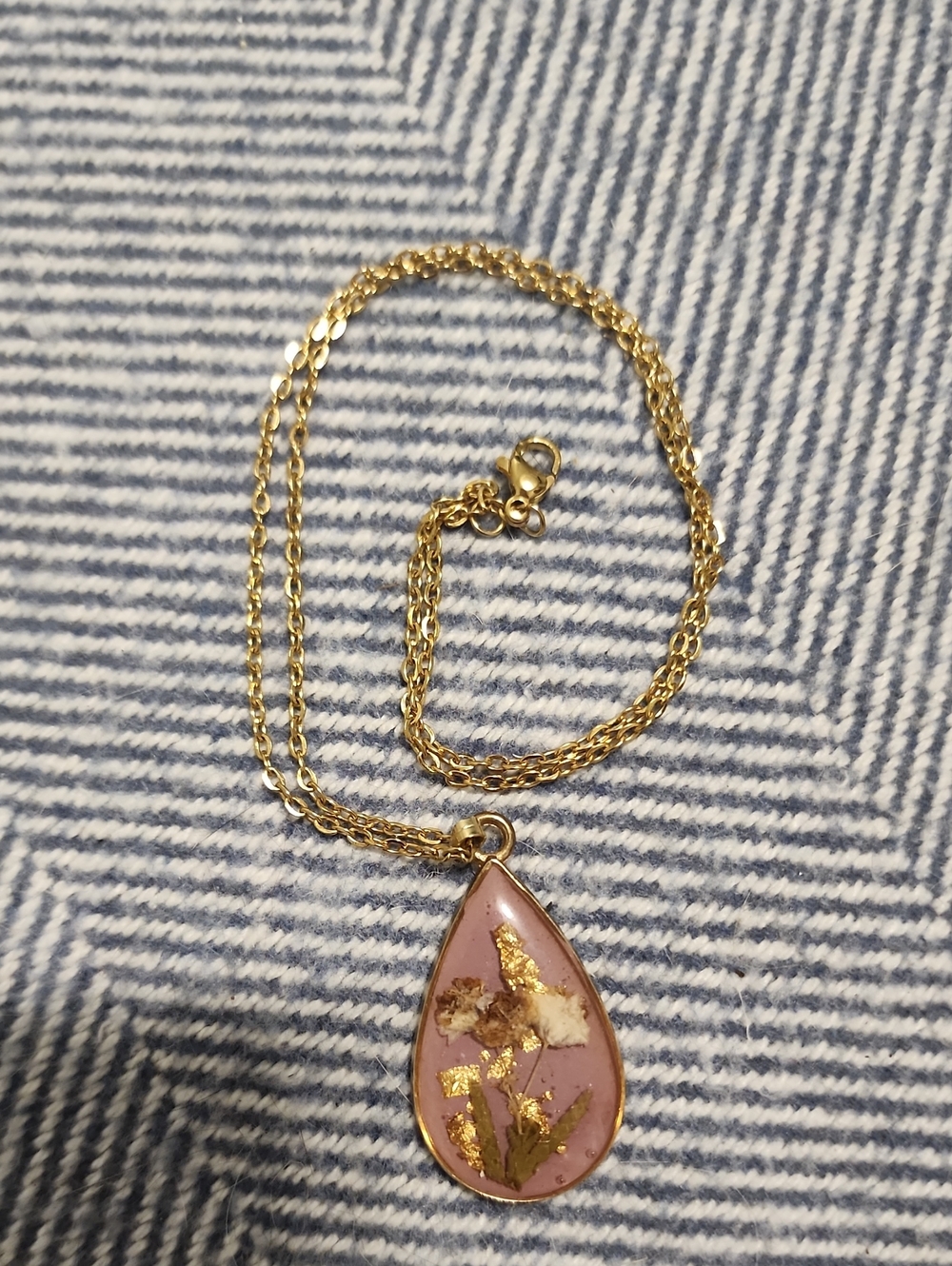 Pressed Flowers Gold Chain Necklace with Pink Teardrop Floral